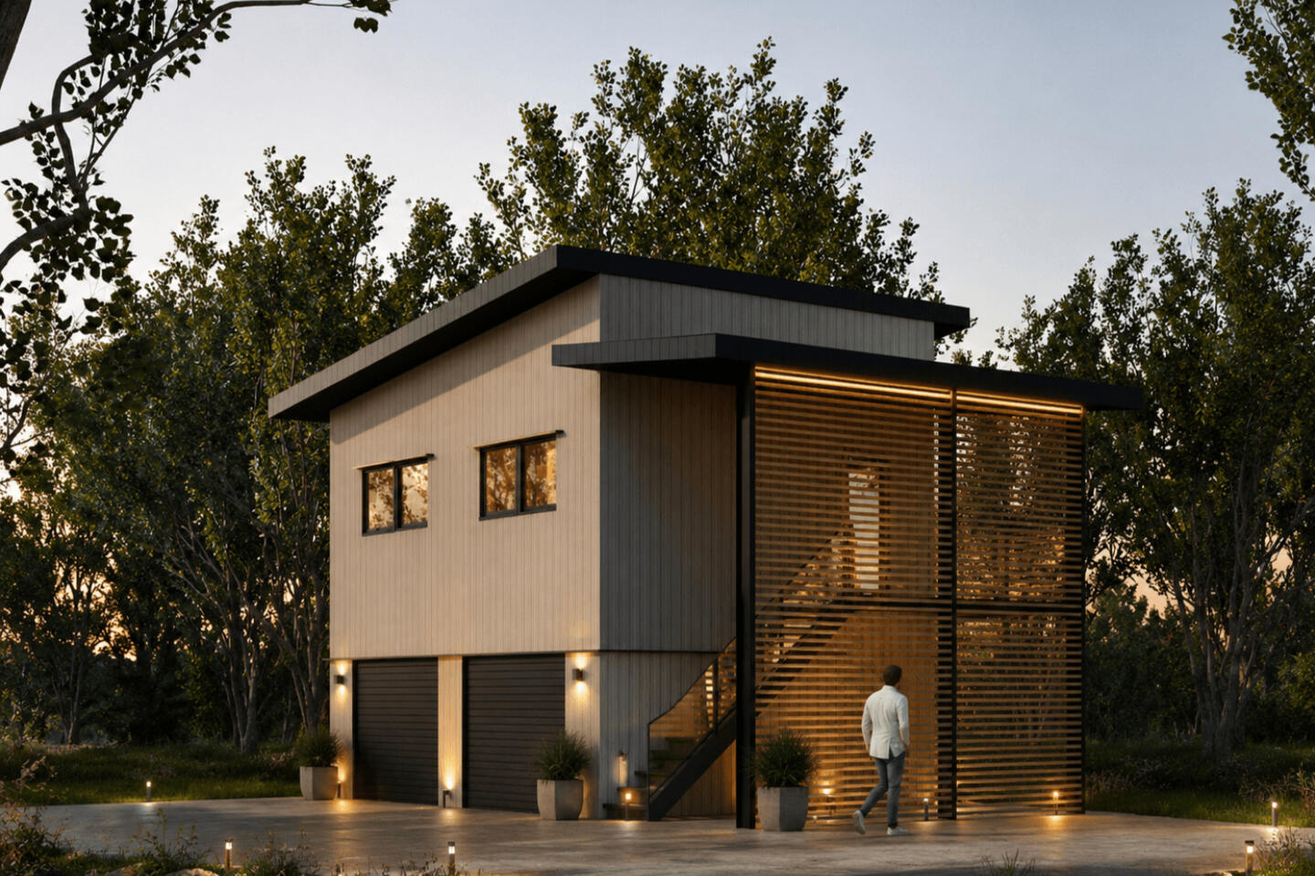 Modern two-story cabins with wood slat facade, double doors, warm lighting, and staircase at dusk