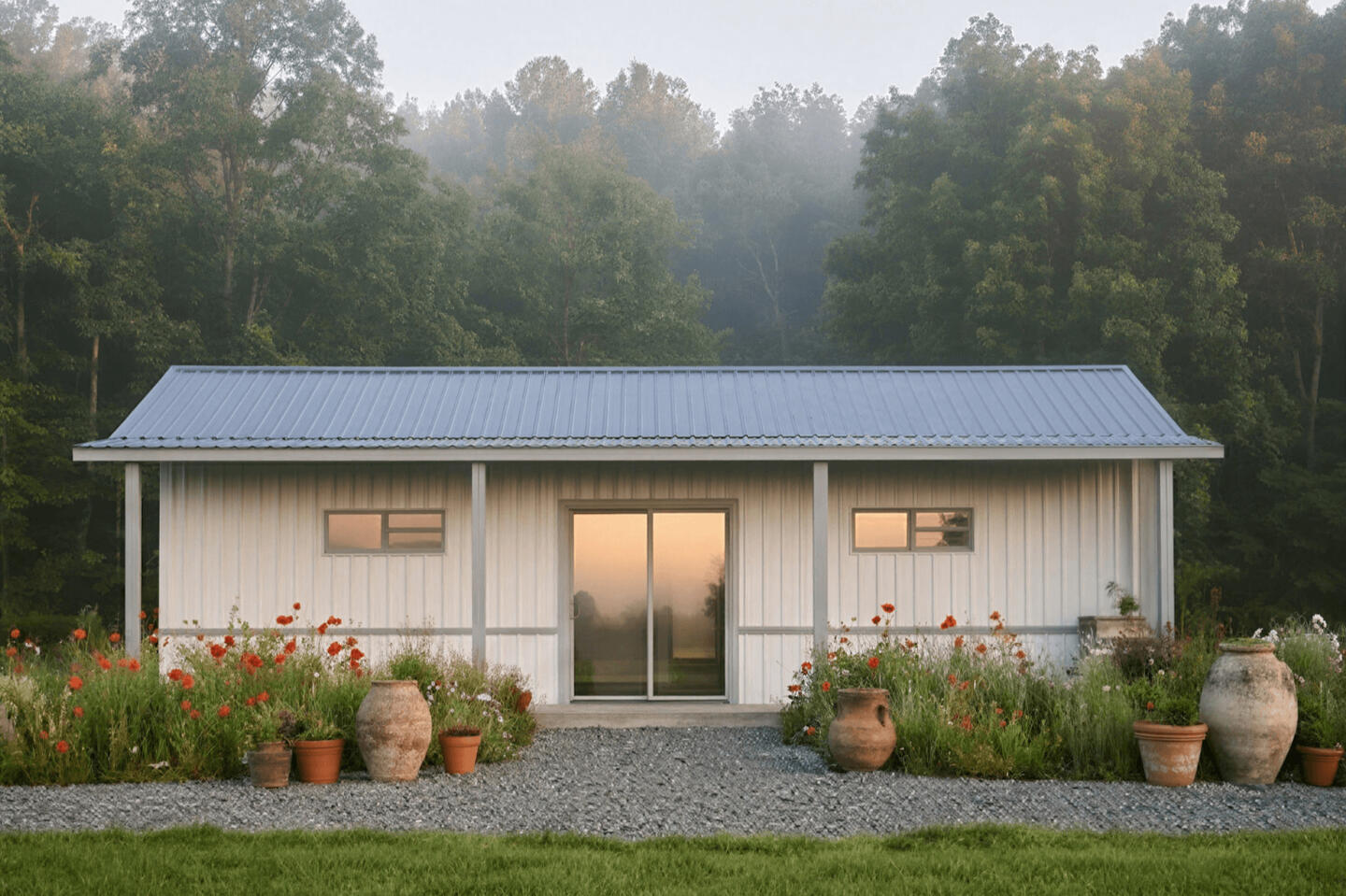 Modern granny flats with metal roof, white board siding, wildflowers, terra cotta pots, misty forest backdrop at dusk